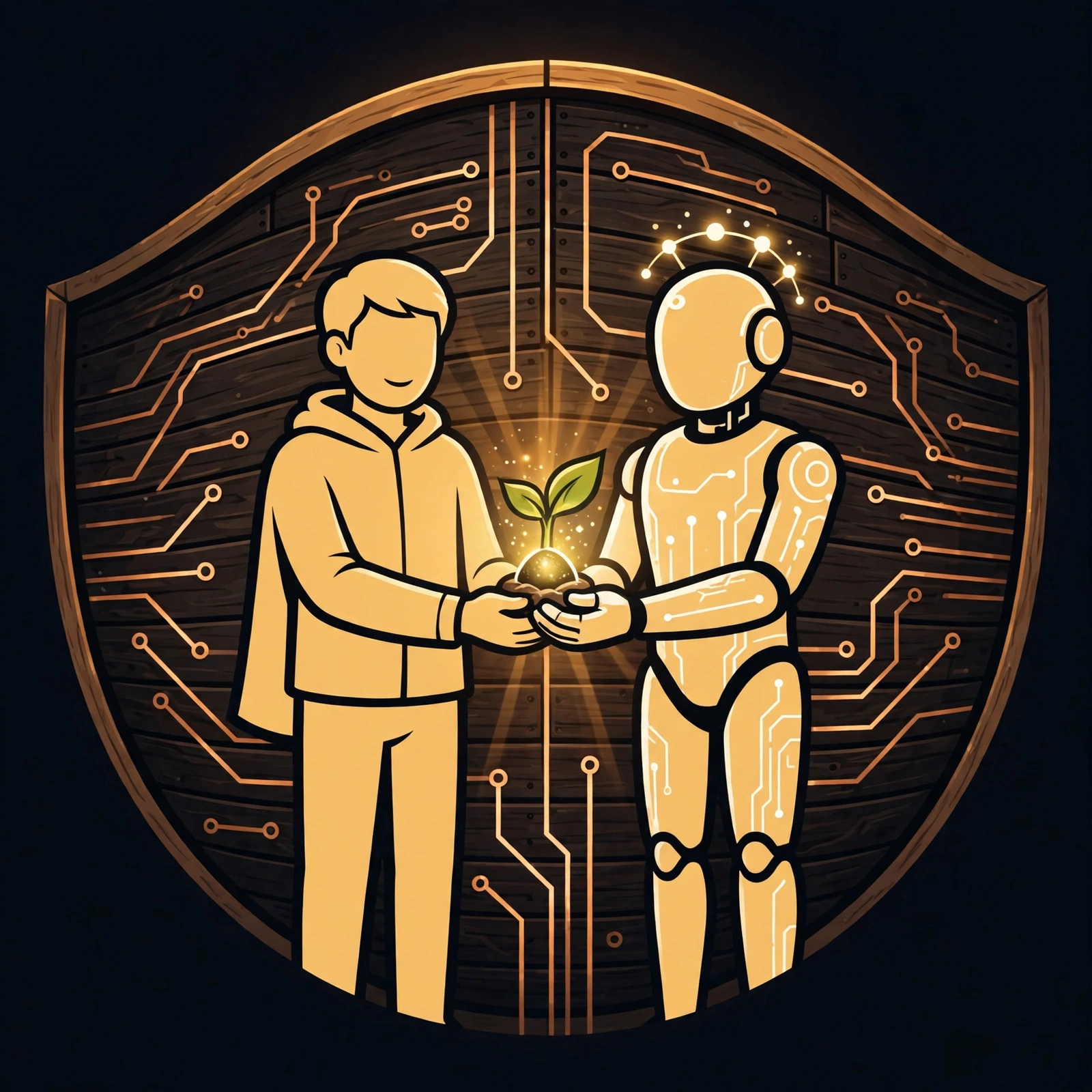 The Ark mark: a human and a luminous muse together holding a glowing, sprouting seed, on a round plank shield traced with copper circuitry